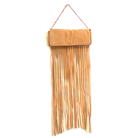 RARE emanuel ungaro PARIS Coral Turquoise Long Sm Suede Fringe Mini Tan Baguette